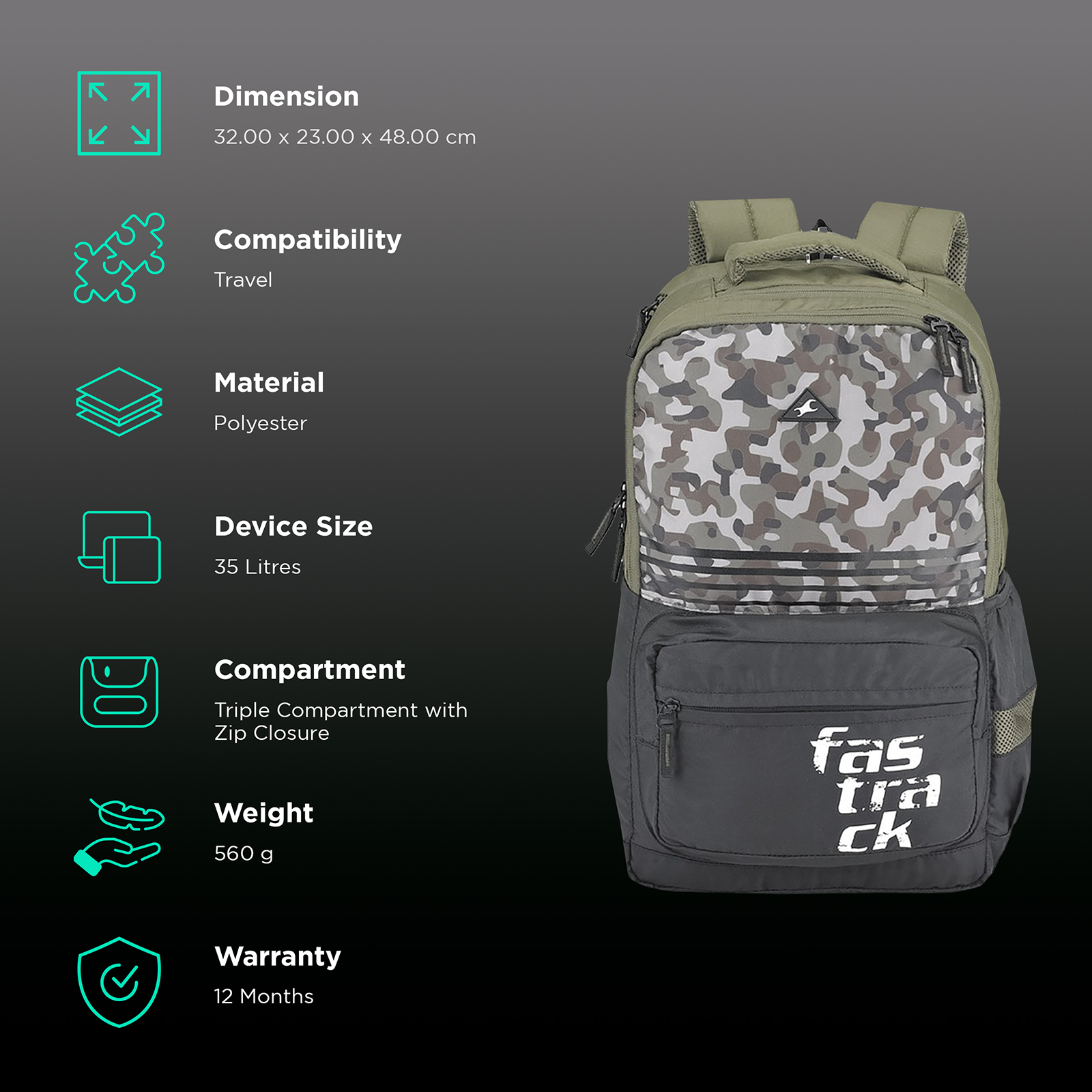 Buy Fastrack Killer 2.0 Ergolight 35 Litres Polyester Backpack Rain Cover A0790NOL01 Olive Online Croma